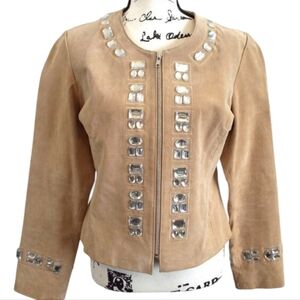 Boston Proper 100% Leather Rhinestone Accented Zip-up Suede Camel Jacket Size 12